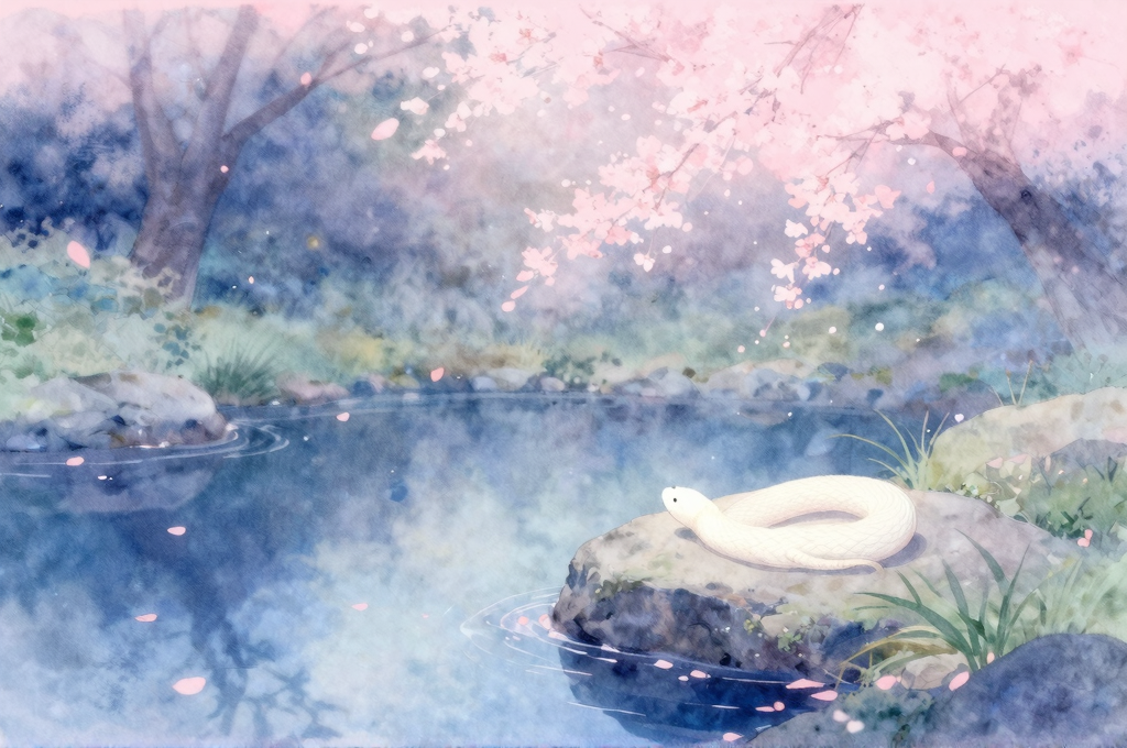 穏やかな池のほとりで休む白い蛇の水彩イラスト
