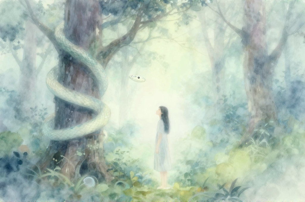 霧の中で蛇と出会う女性の水彩イラスト